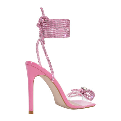 Square Toe Rhinestone Lace-up Stiletto Sandals