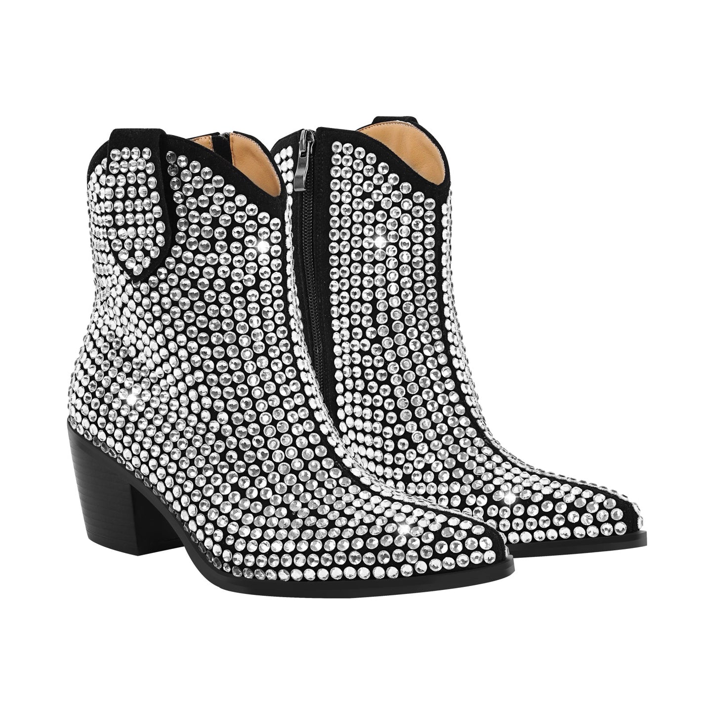 Rhinestone Pointed Toe Chunky Heel Ankle Boots