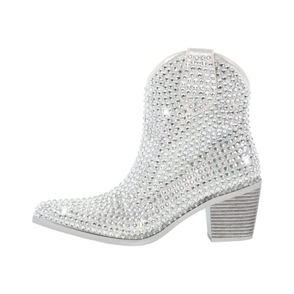 Rhinestone Pointed Toe Chunky Heel Ankle Boots