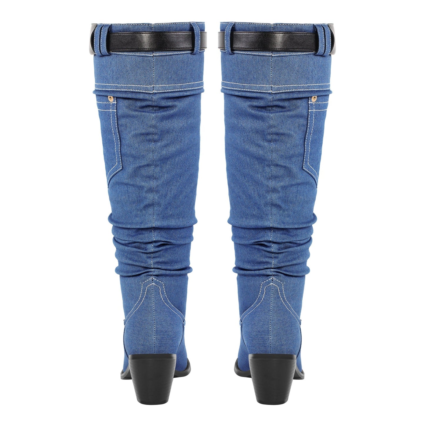 Denim Round Toe Chunky Heel Thigh Boots