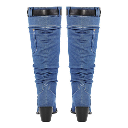 Denim Round Toe Chunky Heel Thigh Boots