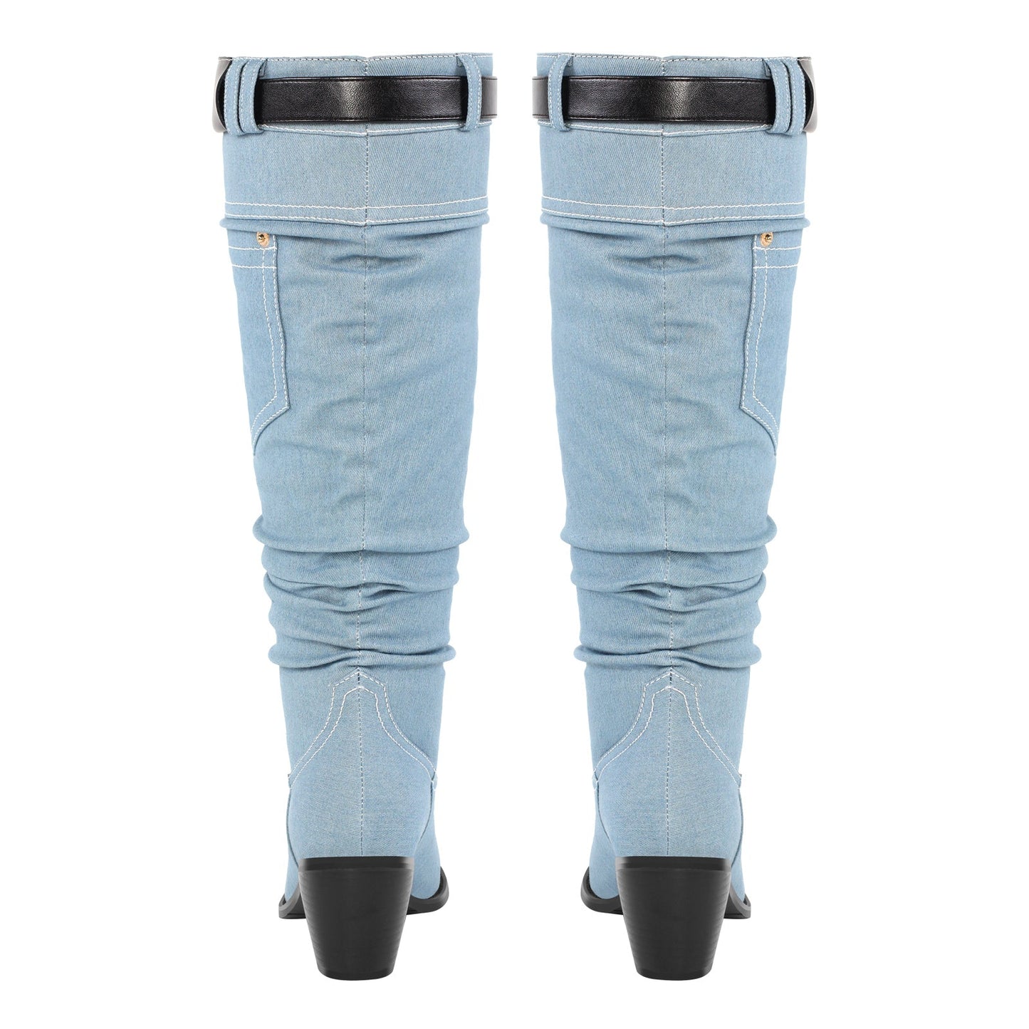 Denim Round Toe Chunky Heel Thigh Boots