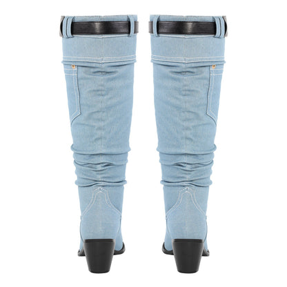 Denim Round Toe Chunky Heel Thigh Boots