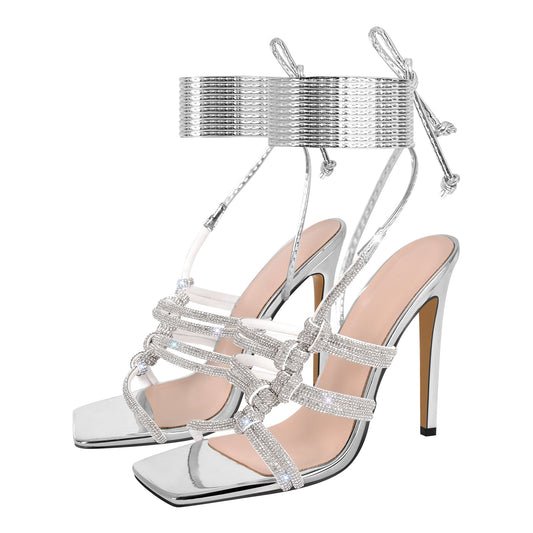 Rhinestone Square Toe Stiletto Ankle Strap Sandals