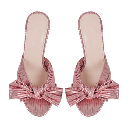 Round Toe Chunky Heel Bow Sandals Mules