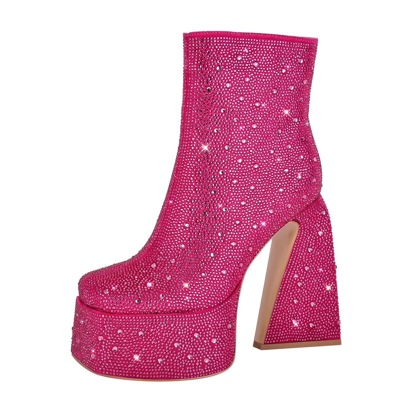 Rhinestone Square Toe Chunky Heel Platform Ankle Boots