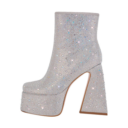 Rhinestone Square Toe Chunky Heel Platform Ankle Boots