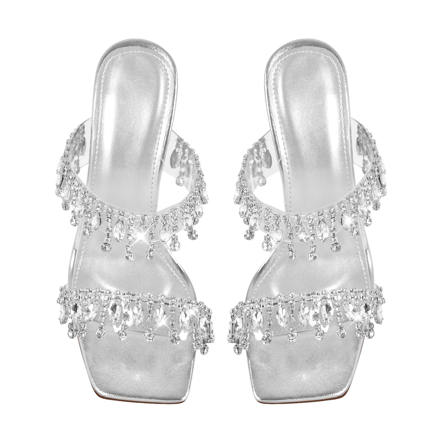 Silver Rhinestone Square Toe Clear Chunky Heel Sandals