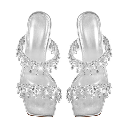 Silver Rhinestone Square Toe Clear Chunky Heel Sandals