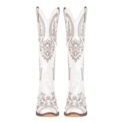 Embroidery Rhinestone Chunky Heel Knee High Boots