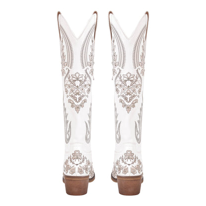 Embroidery Rhinestone Chunky Heel Knee High Boots