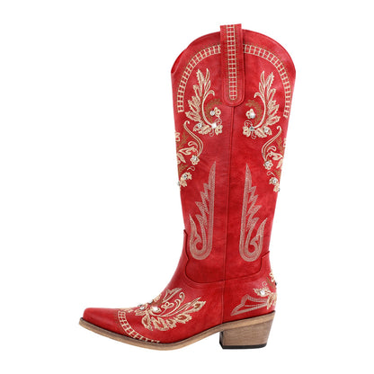 Embroidery Rhinestone Chunky Heel Knee High Boots