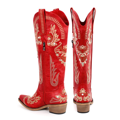 Embroidery Rhinestone Chunky Heel Knee High Boots