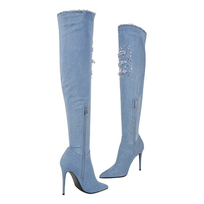 Denim Pointed Toe High Stiletto Over The Knee Boots