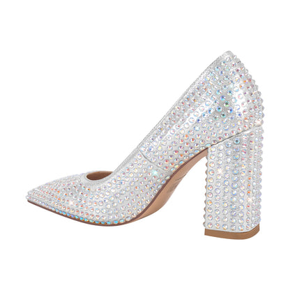 Rhinestone Pointed Toe Chunky Heel Pumps