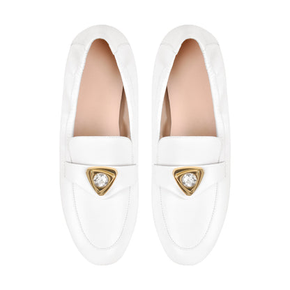 White Round Toe Leather Flats