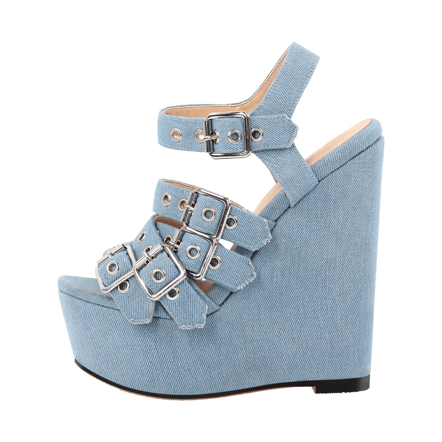 Denim Platform Wedge Heel Buckle Strap Sandals