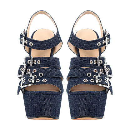 Denim Platform Wedge Heel Buckle Strap Sandals