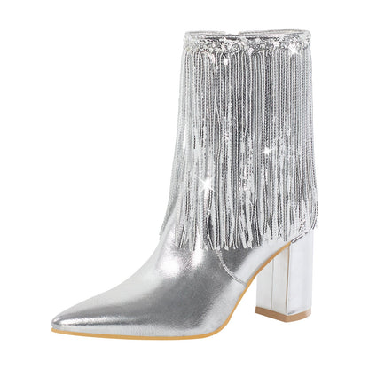 Sequins Pointed Toe Chunky Heel Ankle Boots