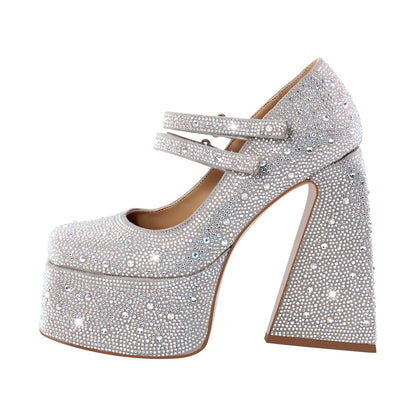 Platform Rhinestone Chunky Heel Mary Jane Pumps