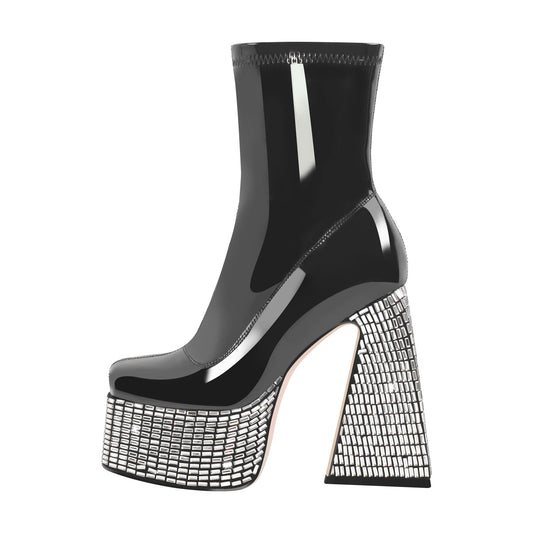 Rhinestone Square Toe Platform Chunky Heel Ankle Boots