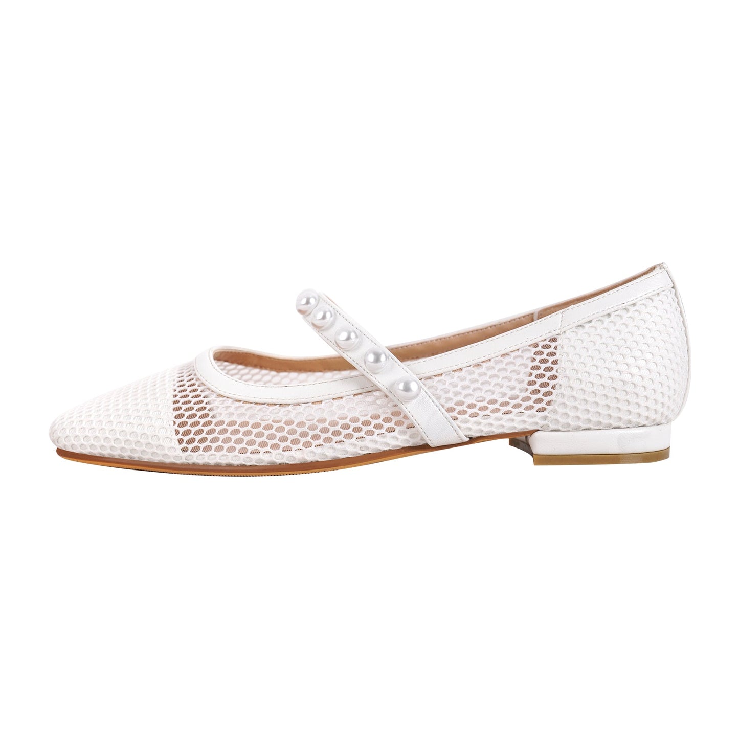 Square Toe Pearl Belt Mesh Flats