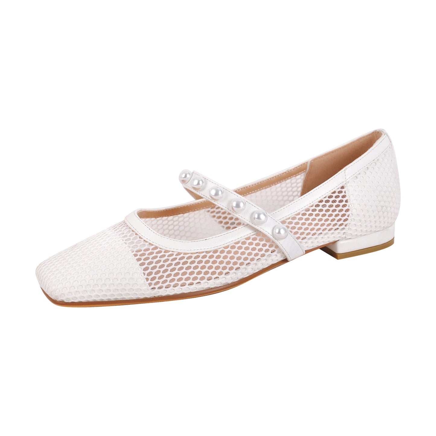 Square Toe Pearl Belt Mesh Flats