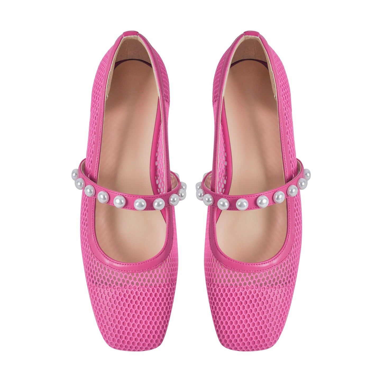 Square Toe Pearl Belt Mesh Flats