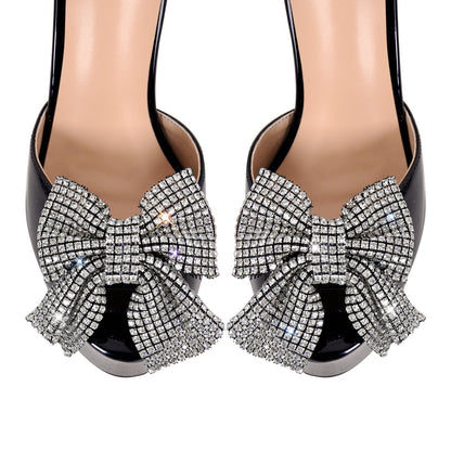 Rhinestone Bow Platform Chunky Heel Mary Jane Pumps