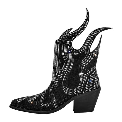 Flame Shape Rhinestone Pointed Toe Ankle Boots