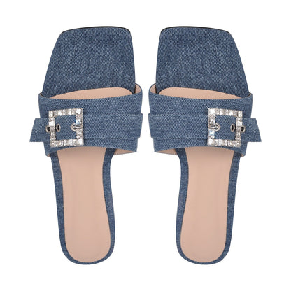 Denim Square Toe Buckle Strap Flats