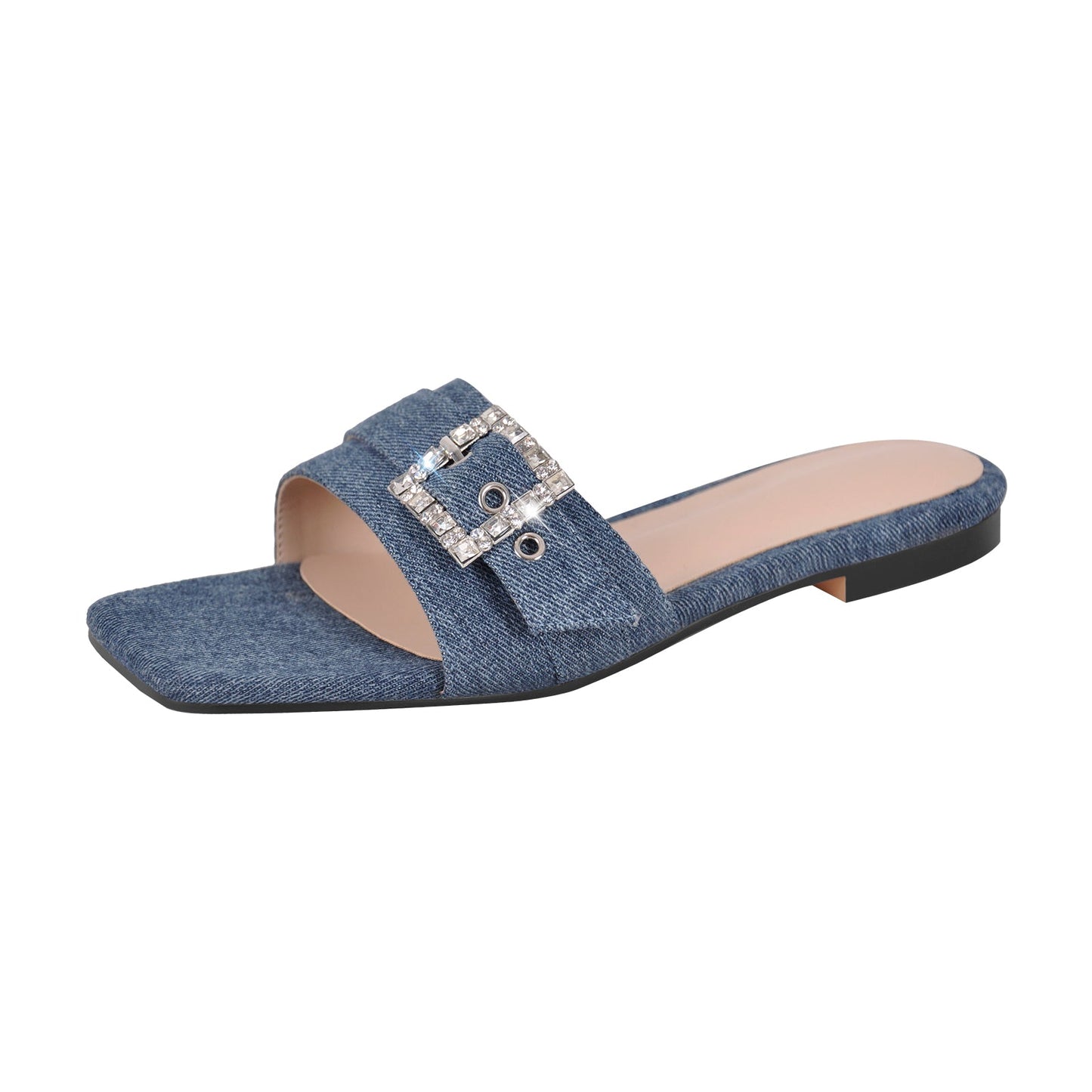 Denim Square Toe Buckle Strap Flats