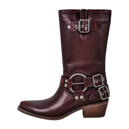 Pointed Toe Chunky Heel Buckle Strap Mid-Calf Western Boots