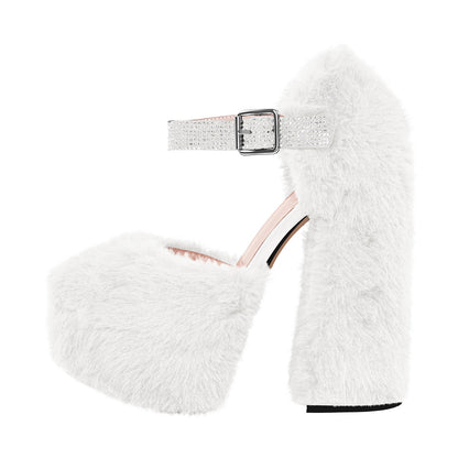 Chunky Heel Ankle Strap Fur Mary Jane Pumps