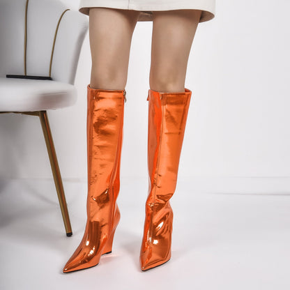 Pointed Toe Metallic Wedge Heel Knee High Boots