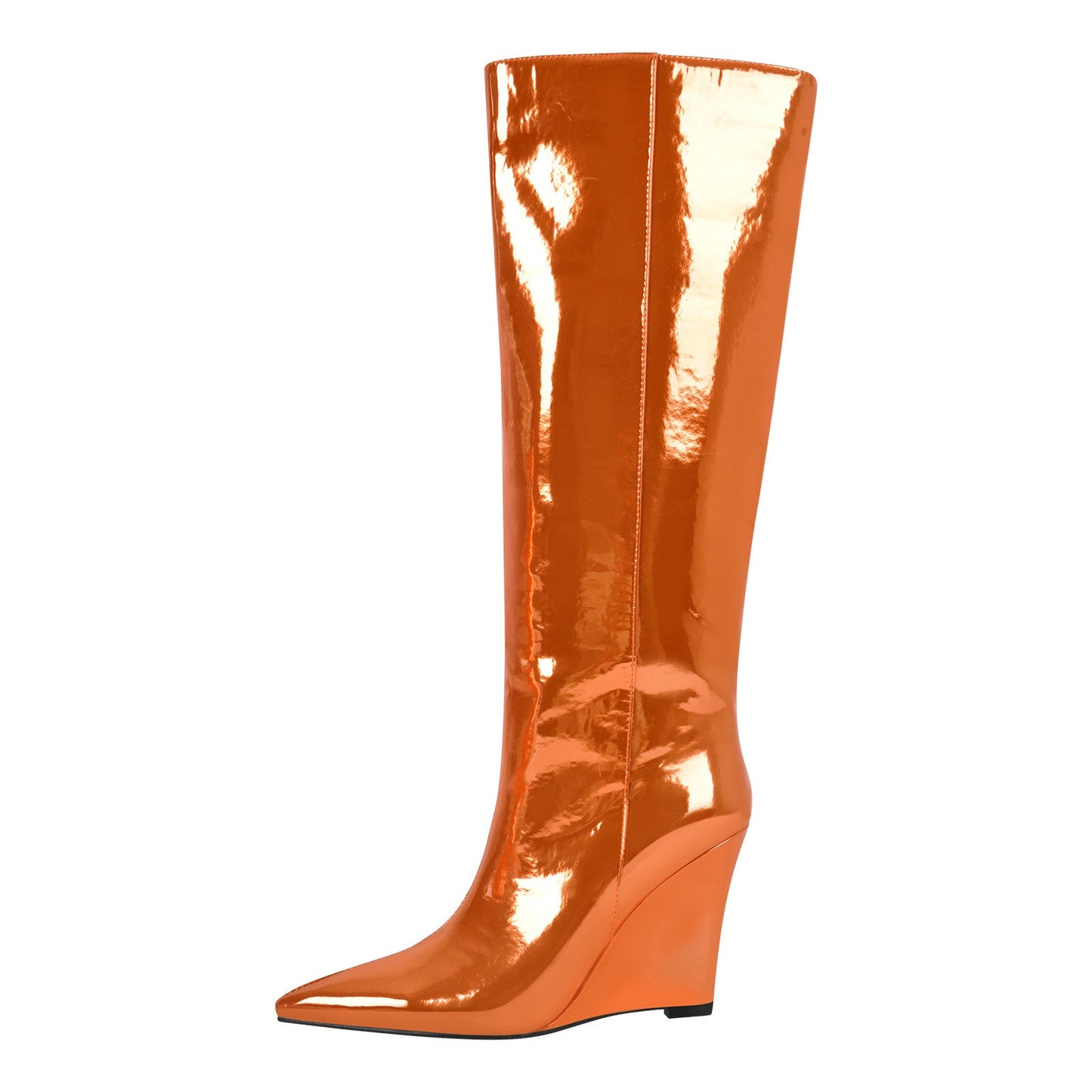 Pointed Toe Metallic Wedge Heel Knee High Boots