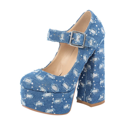 Denim Round Toe Platform Chunky Heels Pumps