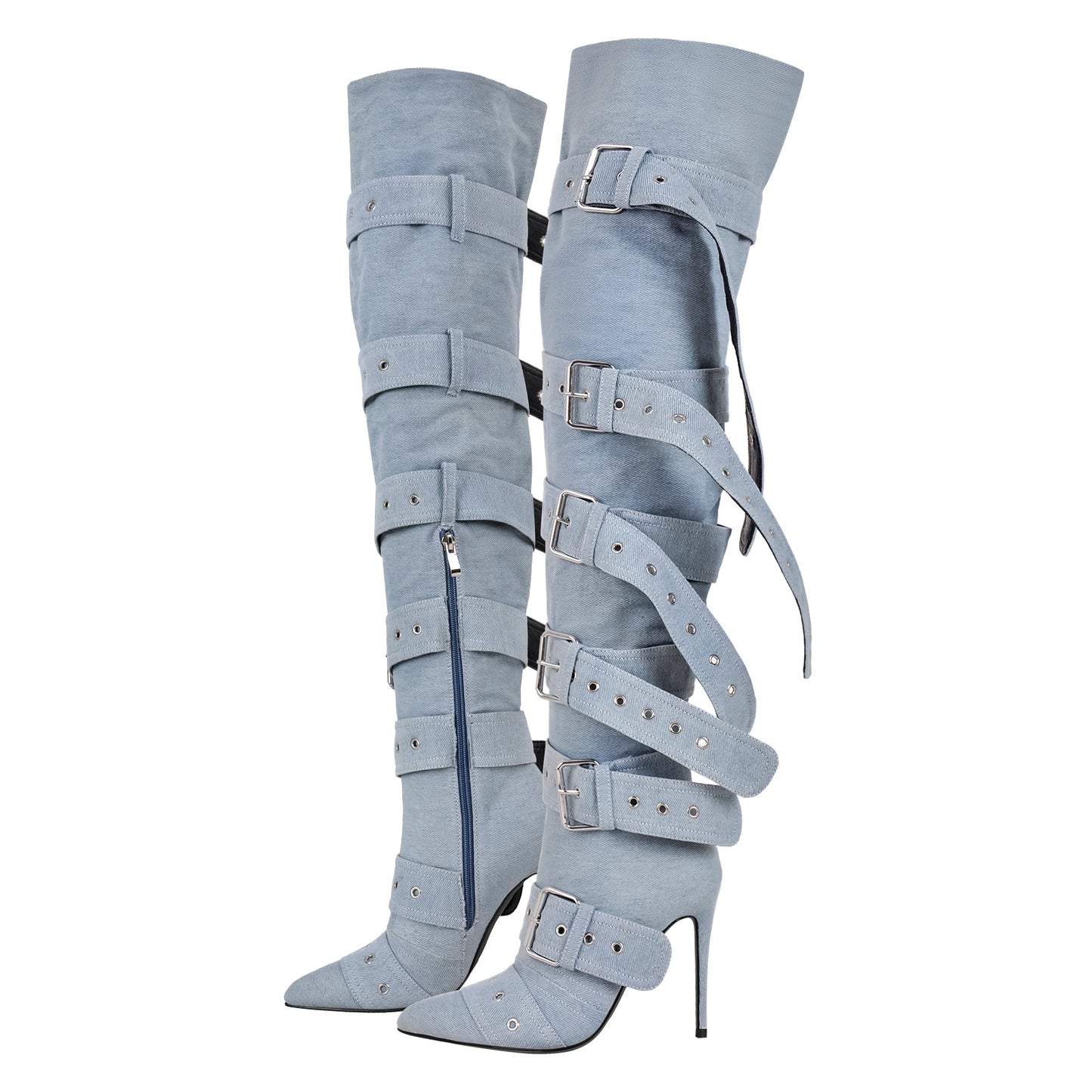 Multi Buckle Strap Thigh High Pointed Toe Stiletto Boots