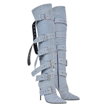 Multi Buckle Strap Thigh High Pointed Toe Stiletto Boots