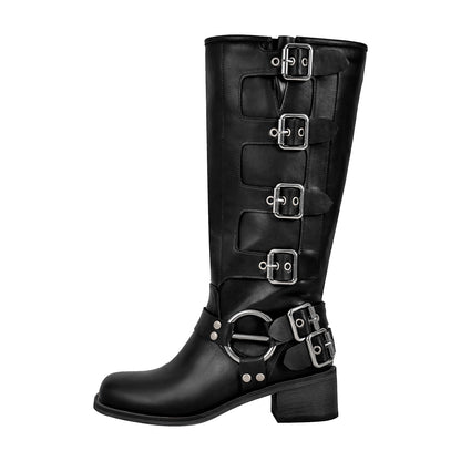 Round Toe Chunky Heel Buckle Strap Western Knee-High Boots