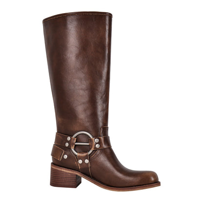 Round Toe Chunky Heel Buckle Strap Western Knee-High Boots