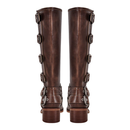 Round Toe Chunky Heel Buckle Strap Western Knee-High Boots