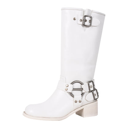 Square Toe Buckle Knee High Western Boots