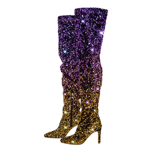 Sequins Gradient Color Pointed Toe Thigh High Stiletto Boots