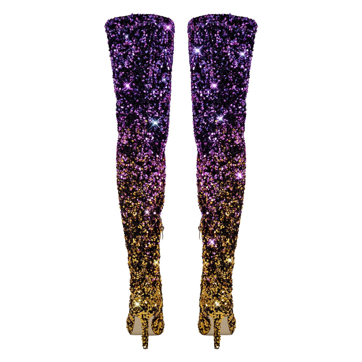 Sequins Gradient Color Pointed Toe Thigh High Stiletto Boots