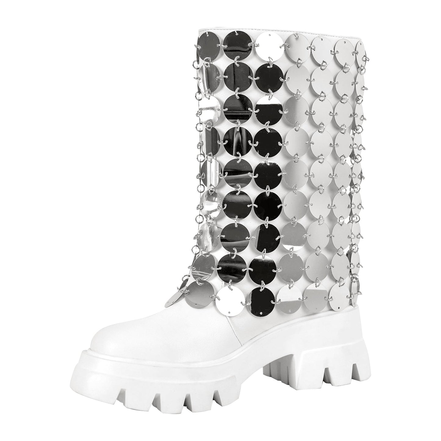 Silver Sequins Platform White Mid-calf Boots