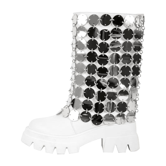 Silver Sequins Platform White Mid-calf Boots