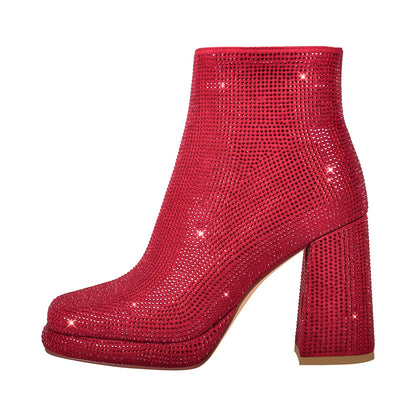 Square Toe Rhinestone Platform Ankle Boots