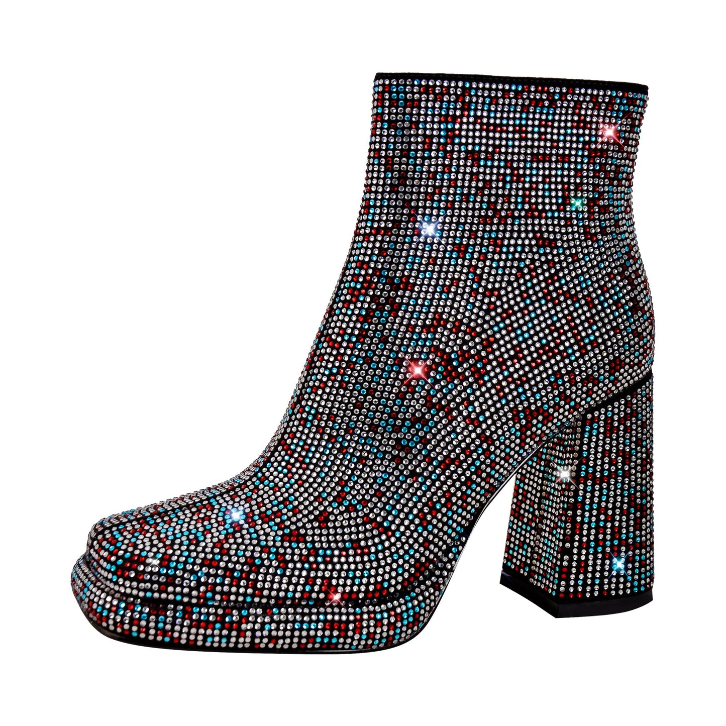 Square Toe Rhinestone Platform Ankle Boots