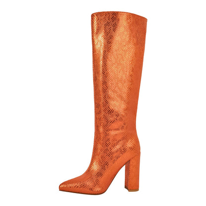 Metallic Snake Print Chunky Heel Knee High Boots